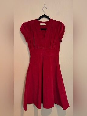 Palava Berry Velvet Midi Dress w/ V-Neck and Bubble Cup Sleeves, British Inspo